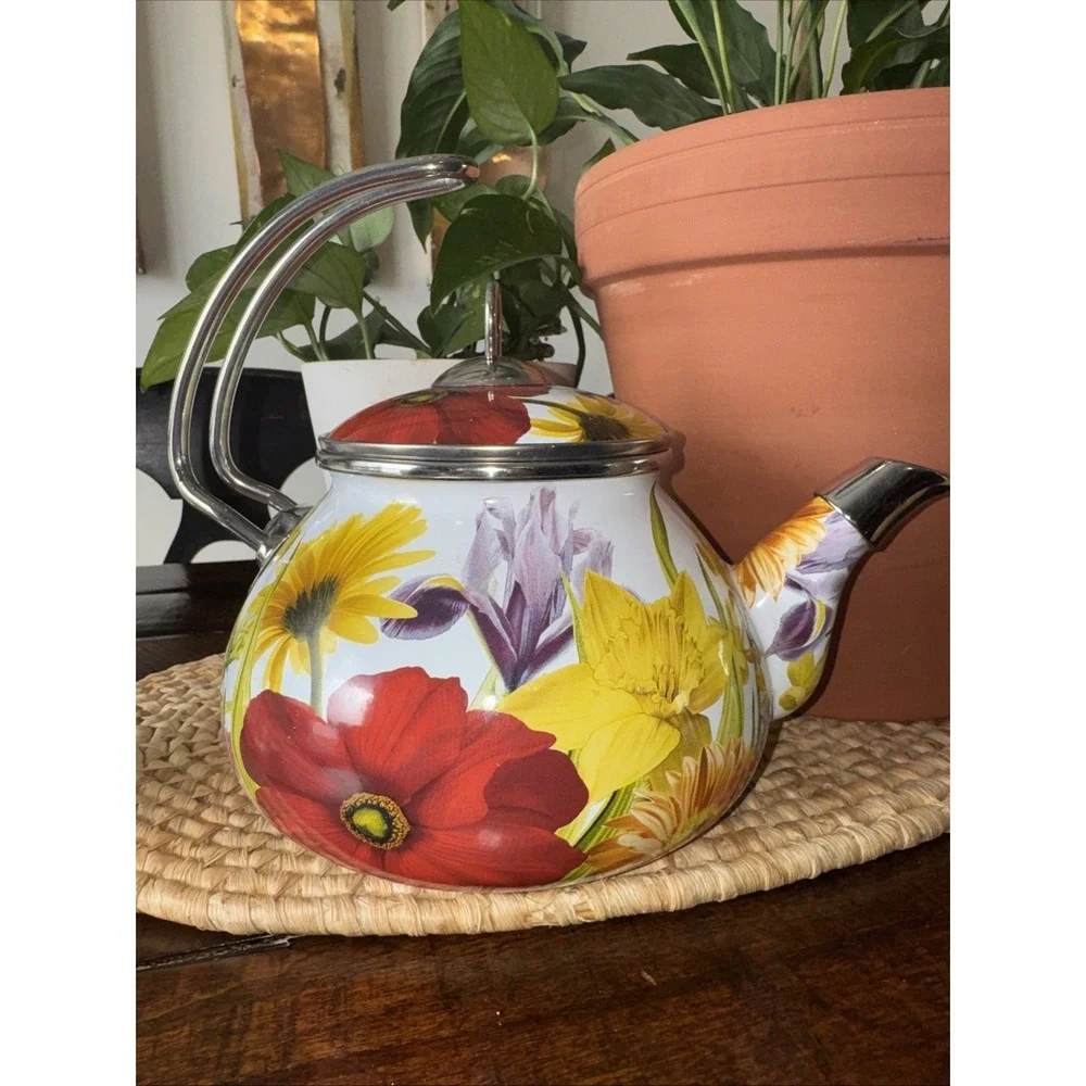 Pioneer Woman Flower Garden Tea Kettle 2.3 Qt Enameled Chrome Pot Retired (RV)
